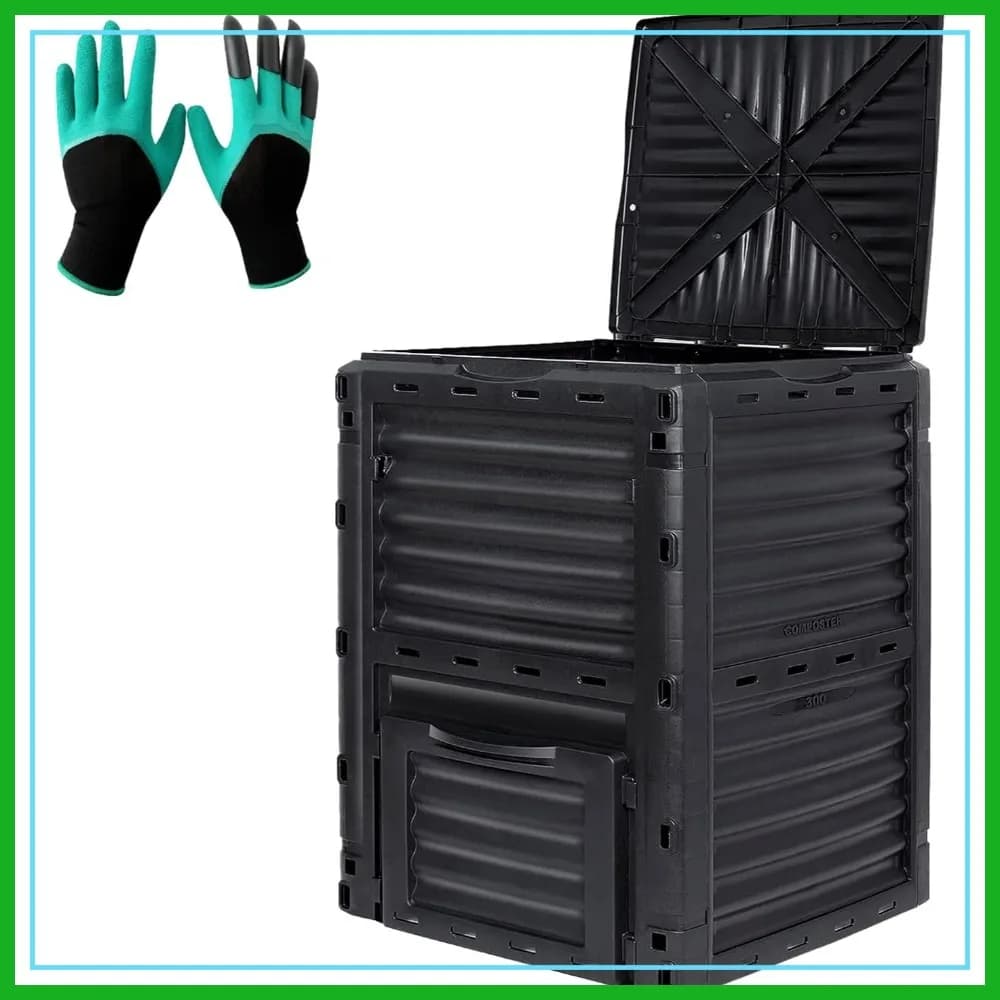 Compostiera da Esterno Grande da 80 Galloni con Coperchio a Chiusura a Scatto, Compostiera Senza BPA per Giardino, Cucina, Rifiuti da Giardino, Nera, Facile da Montare