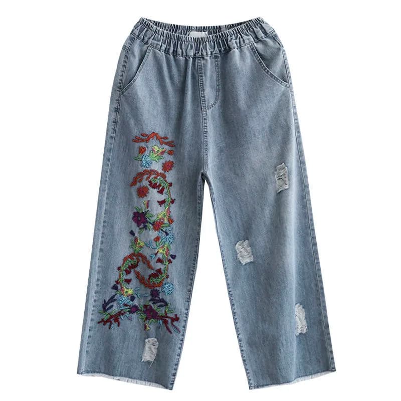 Women's Cropped Jeans Wide Leg 2026 Summer Vintage Embroidered Raw Hem Cotton Washed Denim Pants