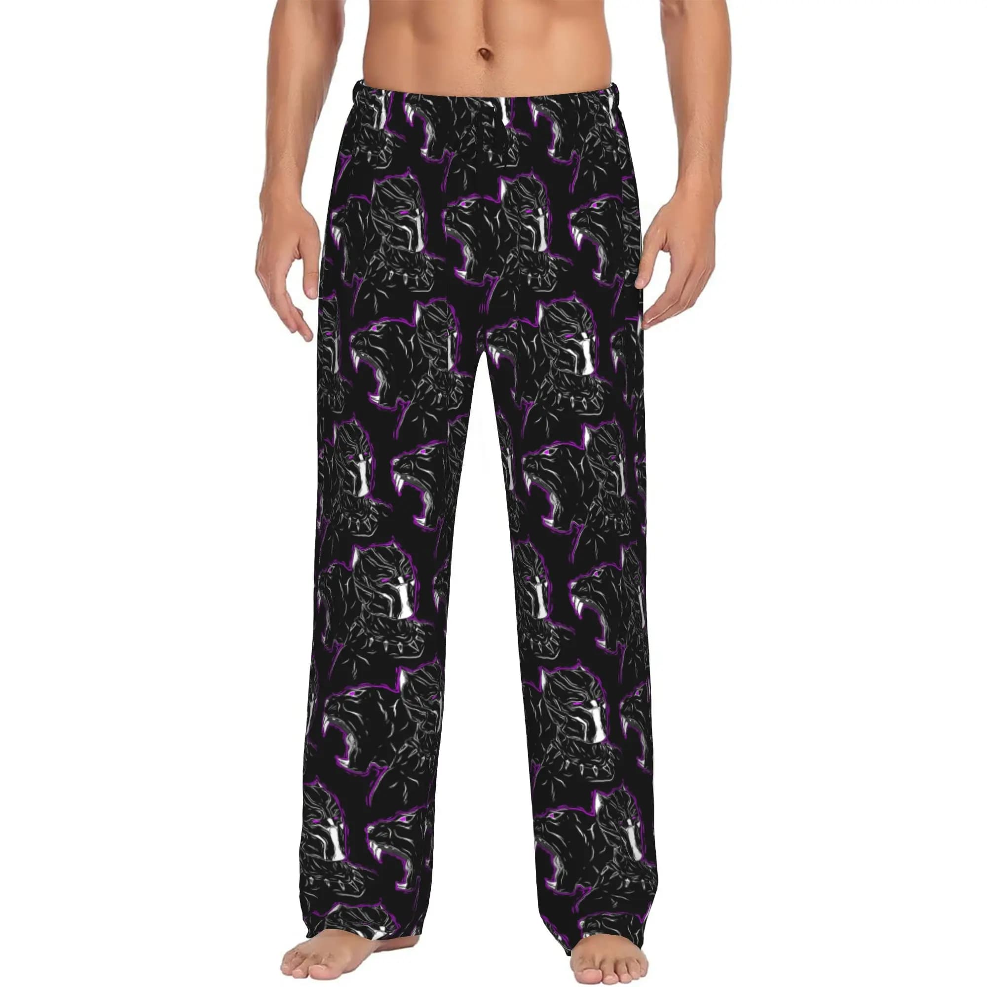 Pantaloni Pigiama Personalizzati Neri con Motivo Pantera Anime, Abbigliamento da Notte per Uomo con Elastico in Vita e Tasche