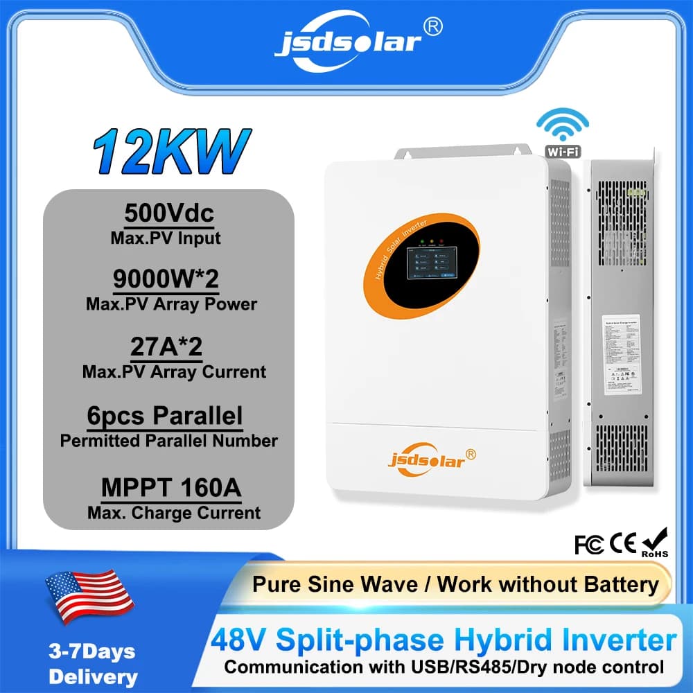 Inverter Solare Ibrido jsdsolar 12KW 48V On/Off Grid con WIFI, Inverter Energetico 240VAC Dual MPPT 160A per Sistema Solare BMS Onda Pura