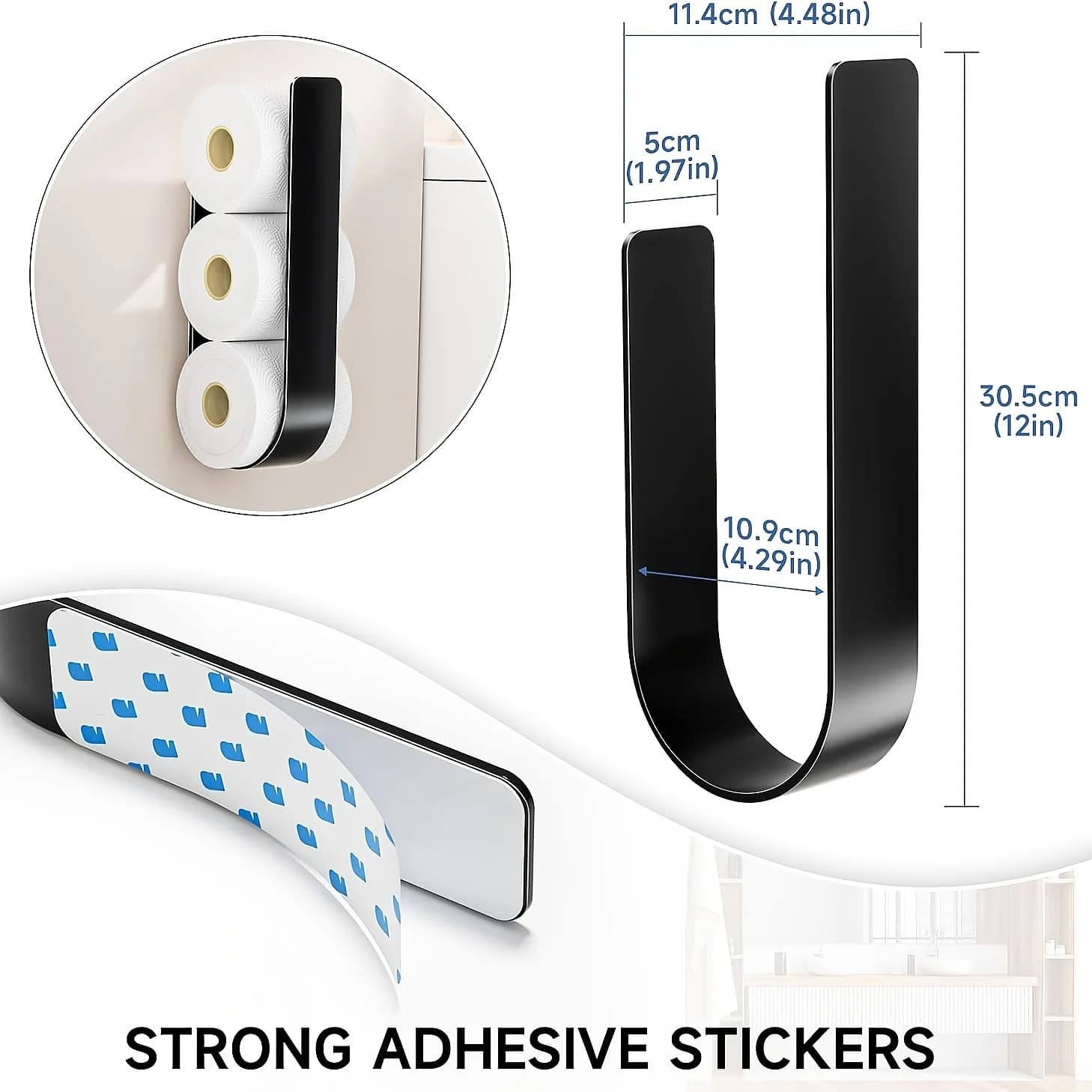 3-in-1 Wall-Mounted Toilet Paper Holder with Towel Rack & Hooks, Black Metal Space-Saving Bathroom Kitchen Living Room Organizer