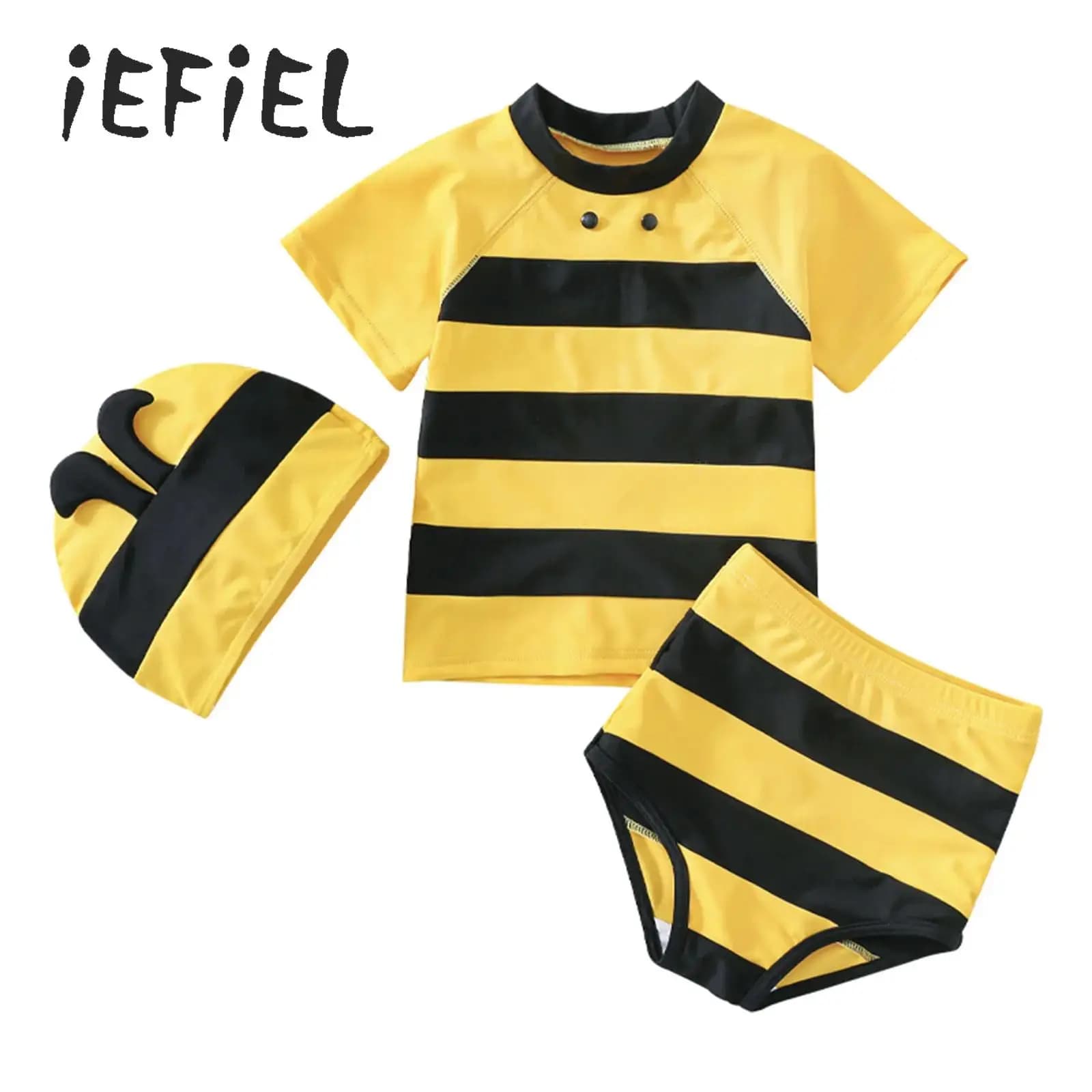 Costume da bagno per bambini a tema ape, con pantaloncini, top a maniche corte a righe con ape, slip a vita alta e cappuccio da bagno, per vacanze e spiaggia