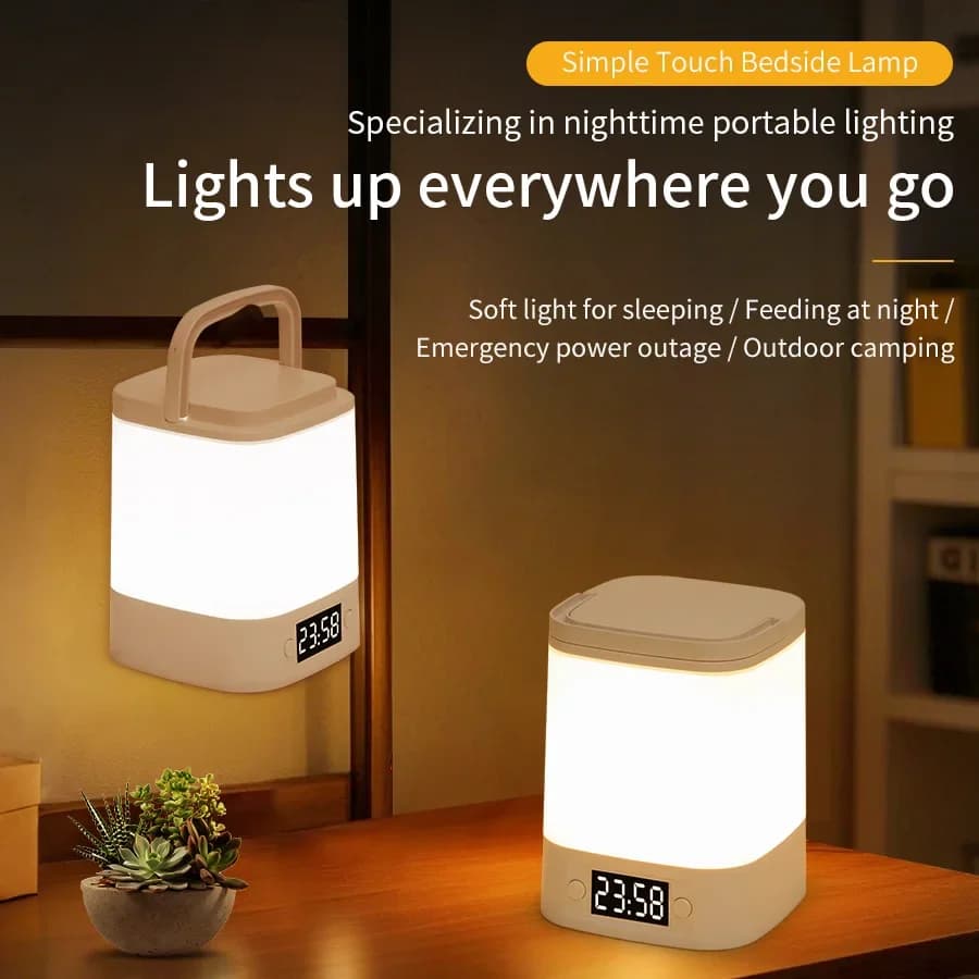 Luce notturna ricaricabile con orologio Display dell'ora Interruttore tattile Lampada da tavolo da scrivania a LED a 3 colori Lampada per dormire Arredamento camera da letto