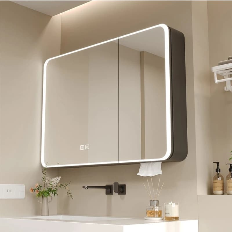 Specchio da Bagno LED con Armadietto in Alluminio, Design Arrotondato, Ripiano Intelligente per Trucchi, Porta Fazzoletti, Sensore Touch, Antiappannamento