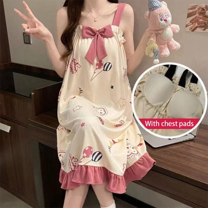 New Fashion Casual Loose Cute Cartoon Suspender Nightdress With Chest Pad For Women