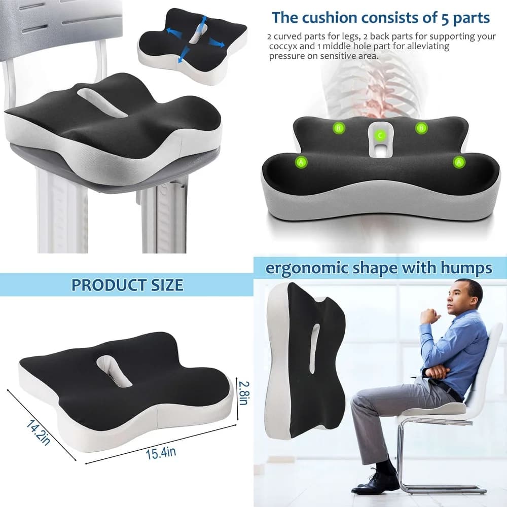 Cuscino del sedile ergonomico in memory foam per sedia da ufficio Seggiolino auto Coccyx Sollievo dal dolore Sciatica Supporto per la parte bassa della schiena Seduta comoda