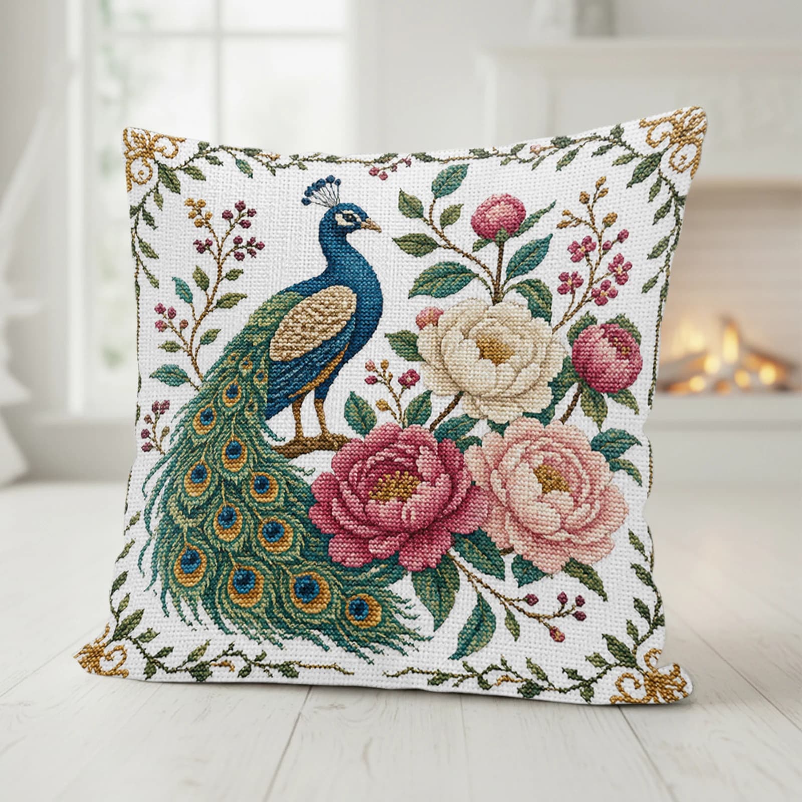 Stamped Cross Stitch Pillow Cover 45x45cm 11CT 3 Strands Animal Flower Pattern Embroidery Kit Cotton Printed Canvas