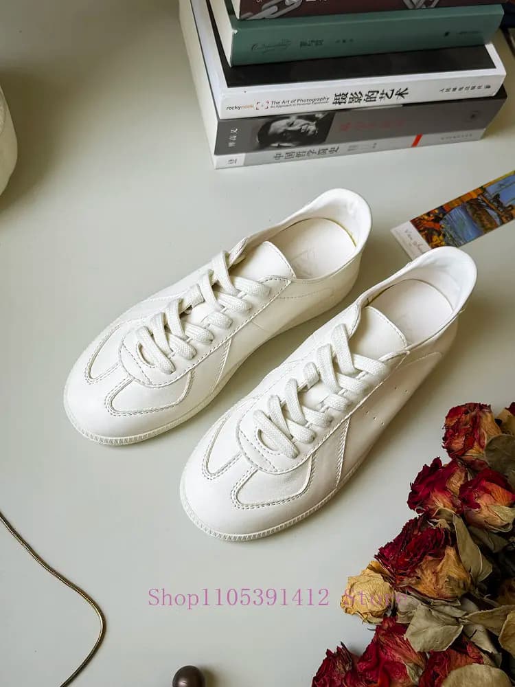 Women White Genuine Leather Retro German Trainers Lace Up Soft Flat Sole Minimalist Vintage Walking Casual Sneakers