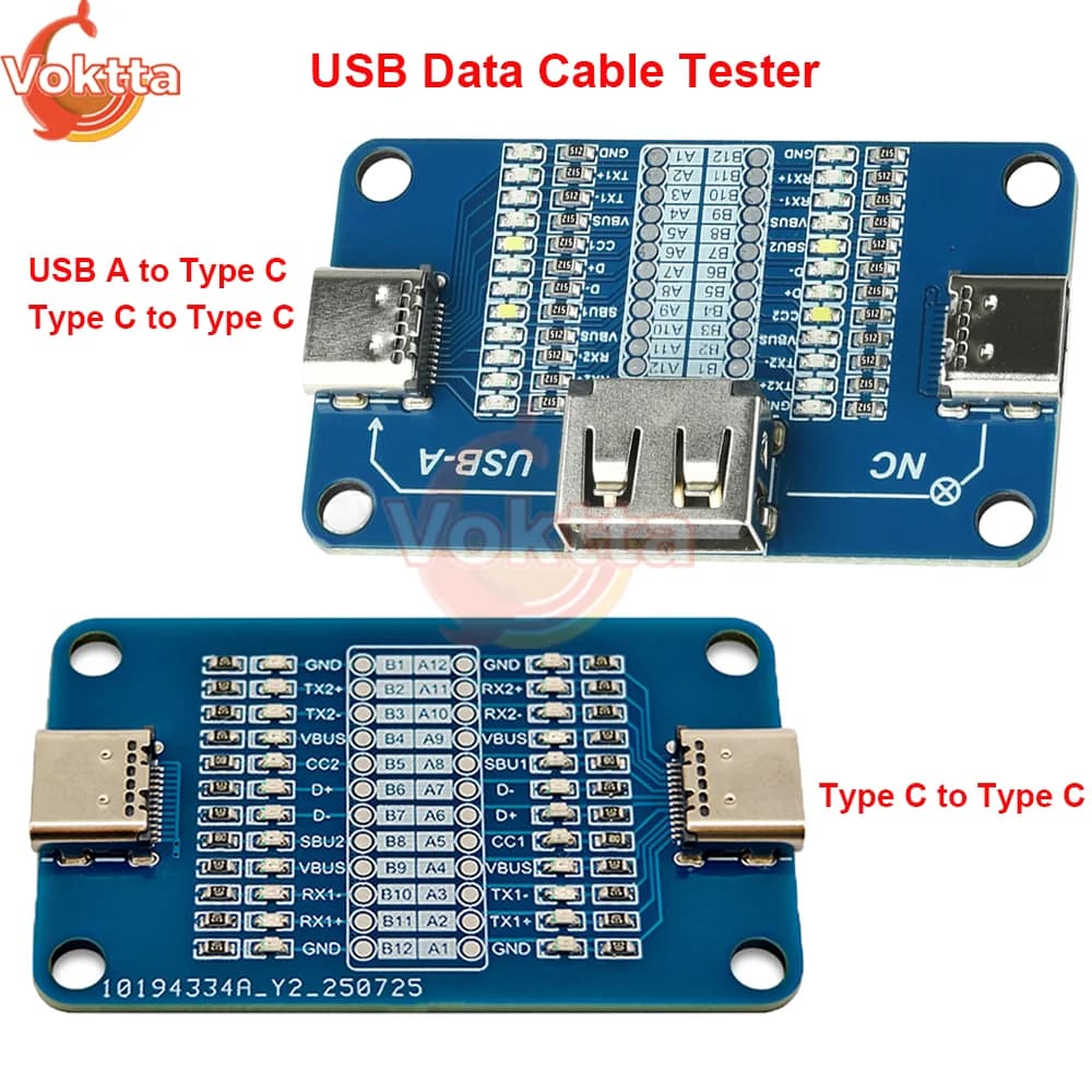USB Type C Data Cable Tester 24 Pin Quick Charging Cable Detection Module 2 LED Indicators Line Sequence Test Card Tools