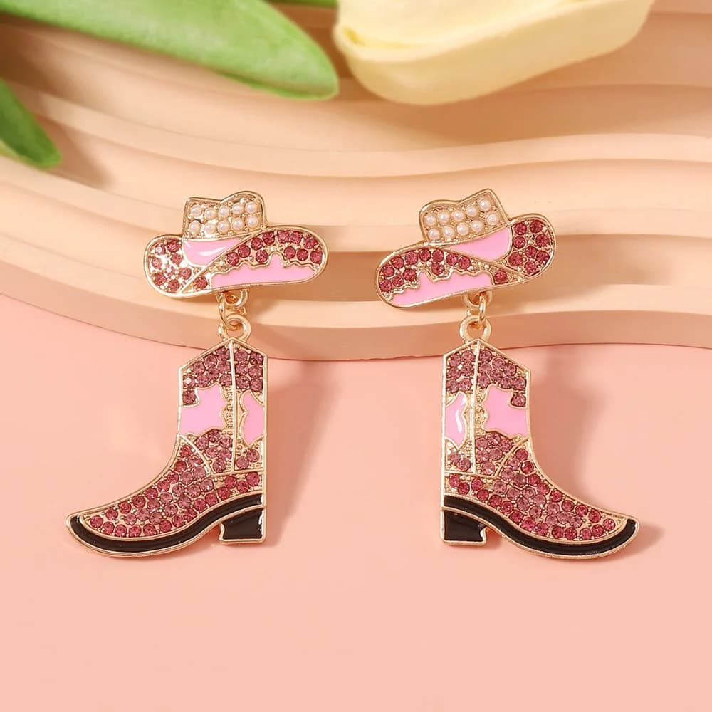 1Pair Trendy Western Cowboy Boot Enamel Rhinestone Alloy Drop Earrings for Women, Lightweight Statement Dangle Earrings, Elegant Vacation Party Jewelry, Unique Everyday Wear Gift for Her