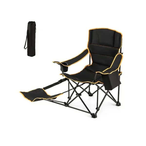 Sedia da campeggio pieghevole portatile con poggiapiedi regolabile e borsa compatta per il trasporto, ideale per il relax all'aperto e i viaggi.