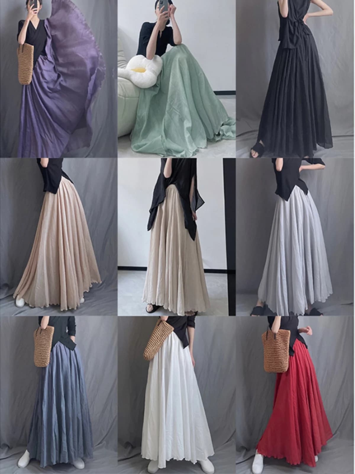 Long skirt in cotton and linen, smooth and light, high waist, model A-line, summer, for curvy women, ideal for travel and photography.