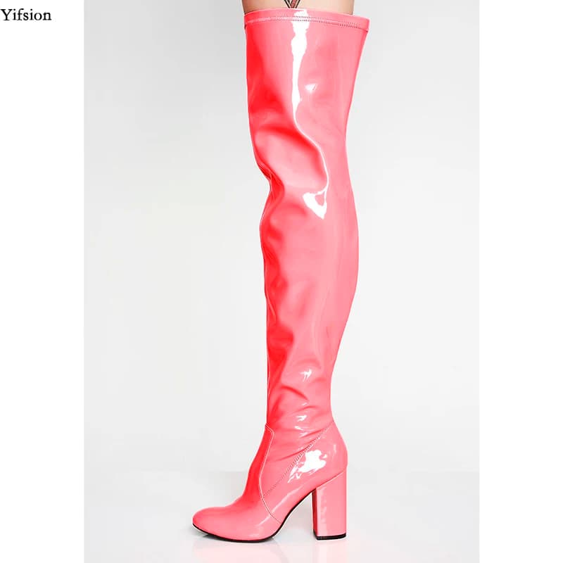 Olomm Stylish Women Winter Over The Knee Boots Square High Heels Boots Nice Round Toe 7 Colors Party Shoes Women US Size 4-16