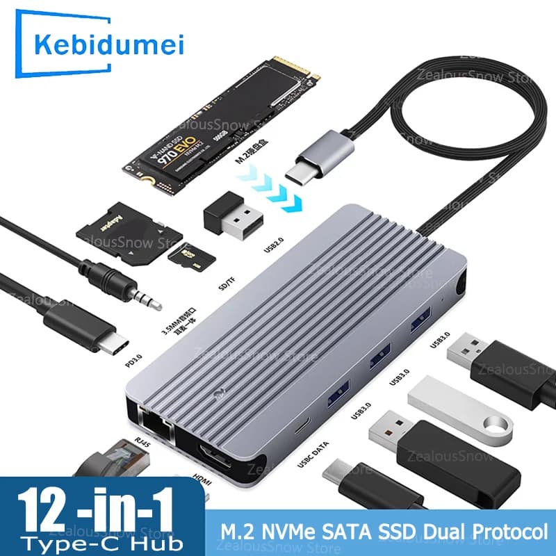 Custodia per disco rigido hub USB 12-IN-1 M.2 NVMe SATA SSD Docking station a doppio protocollo Tipo C Adattatore 10Gbps 4K60Hz per MacBook Pro