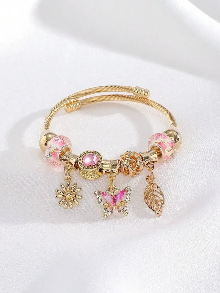 Bracciale con ciondoli in acciaio inossidabile con farfalla, foglia e margherita per donna, regalo alla moda