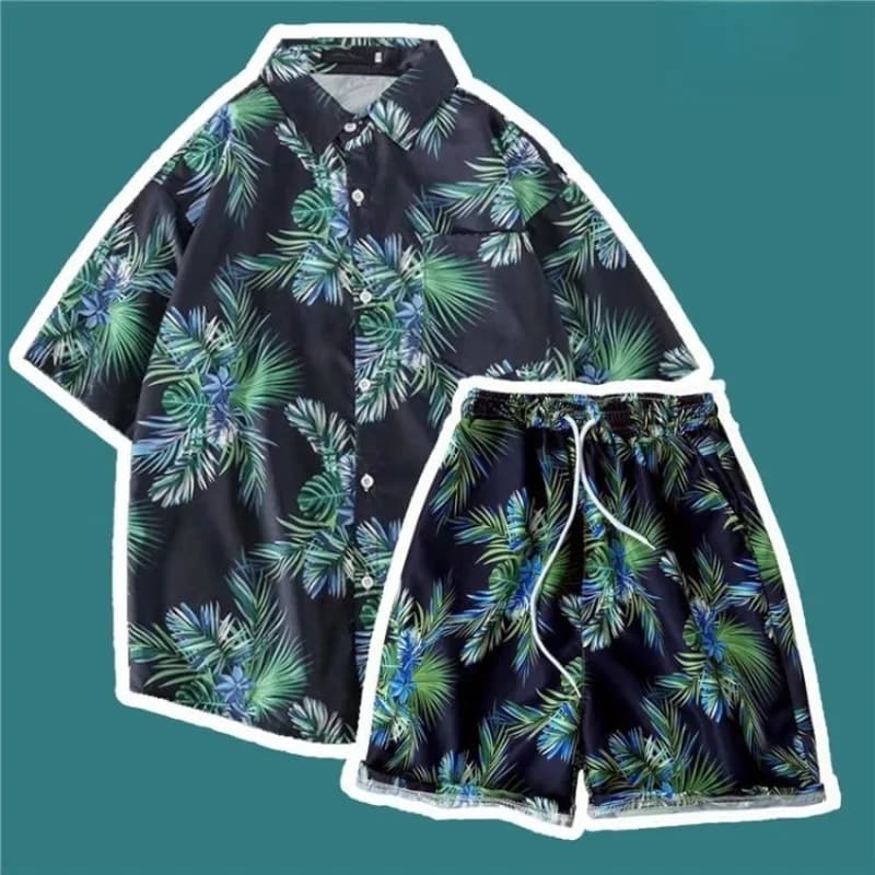 Fashionable men's beach set, floral short sleeve shirt, holiday shorts, fashionable summer outfit