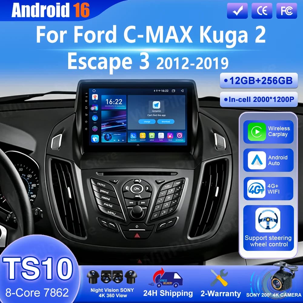 Android 16 Carpaly For Ford C-MAX Kuga 2 Escape 3 2012 - 2019 Auto Multimedia Video Player Wireless Carplay Bluetooth GPS WIFI