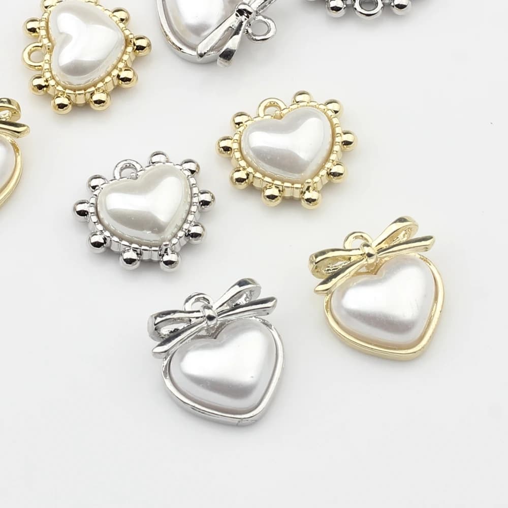 6pcs/lot Zinc Alloy Charms Imitation Pearl Bow Heart Shape Charms For DIY Fashion Necklace Bracelet Jewelry Making Accessories