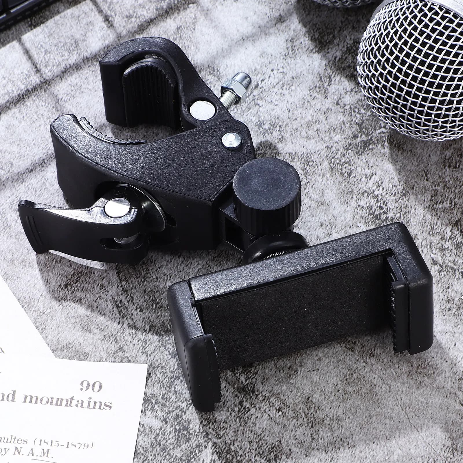 Supporto per Microfono Girevole a 180 Gradi, Nero, con Morsetto per Telefono e Tablet, Compatibile con Treppiede, per Esibizioni Musicali, Durevole