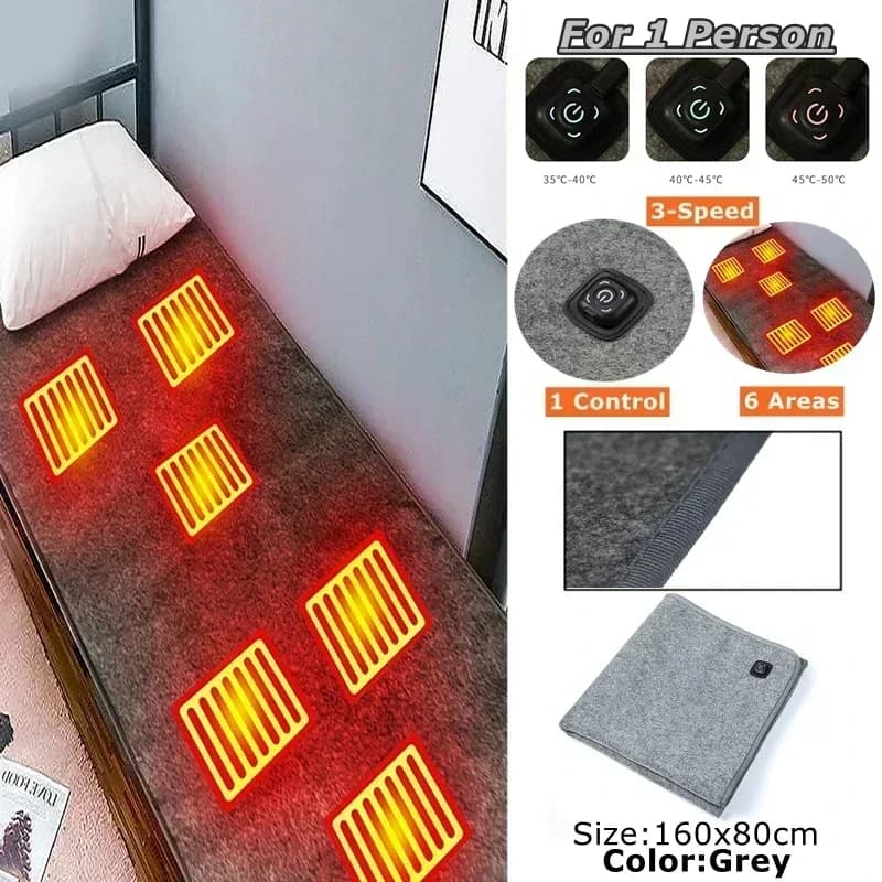 Tappetino Riscaldante Elettrico a 6 Zone 10W DC, Coperta Elettrica in Peluche, Materasso Singolo, Interfaccia USB Type-C, Portatile, Lavabile, per Ufficio, Camera da Letto, Esterni