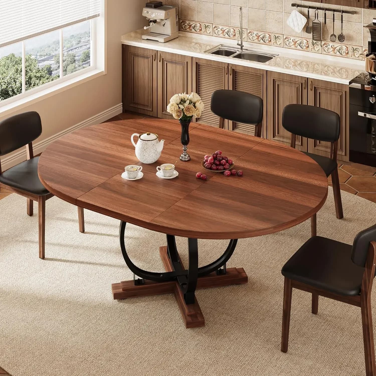 Tavolo da Pranzo Rotondo Estensibile 59 Pollici per 4-6 Persone, Tavolo da Cucina con Robuste Gambe a X in Metallo e Piano in MDF, Personalizzabile