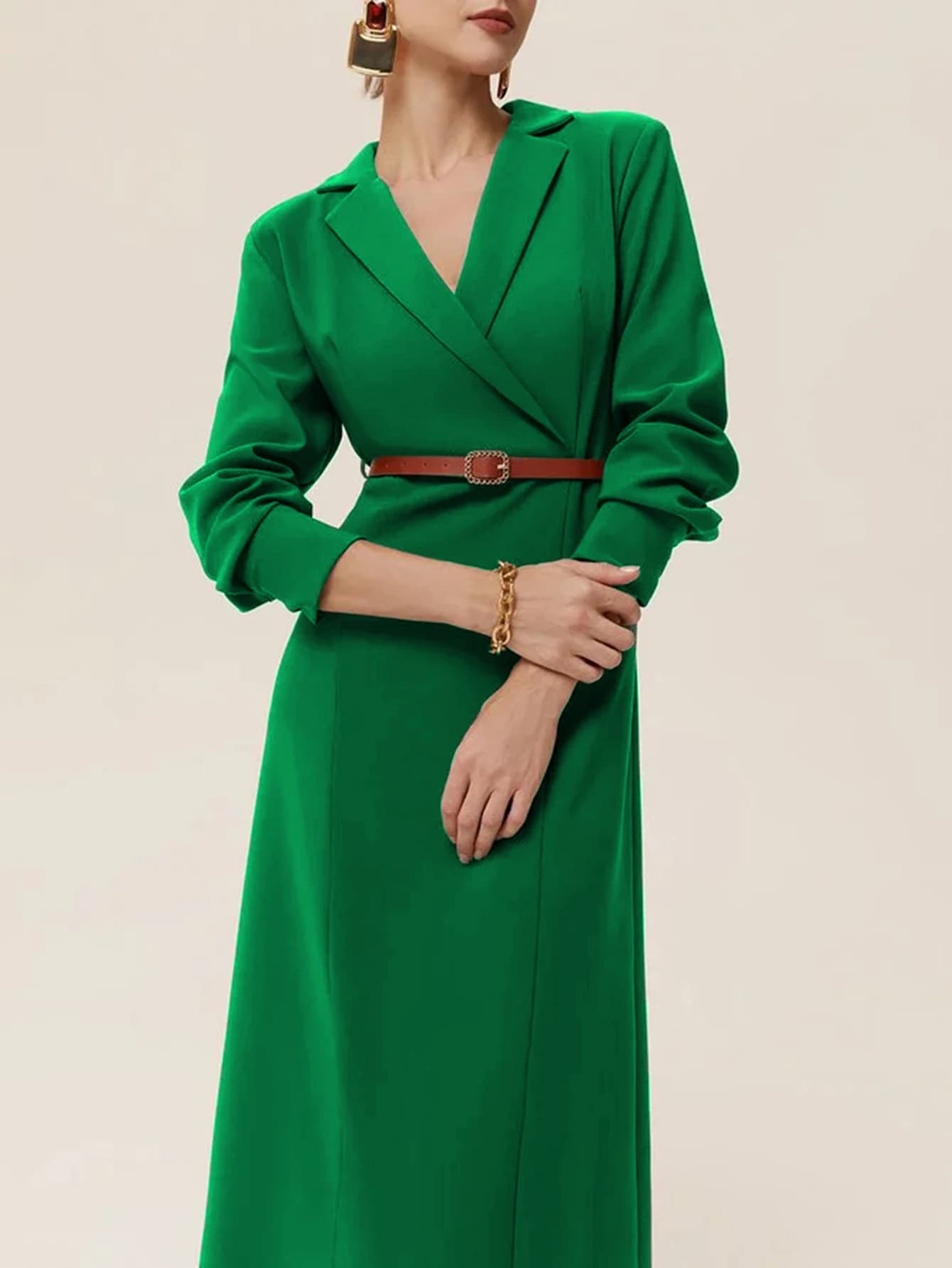 Women's Dresses Spring Autumn Green Emerald Collar Blazer Long Sleeve With Belt Elegant Longuette Dress for commuters in Office