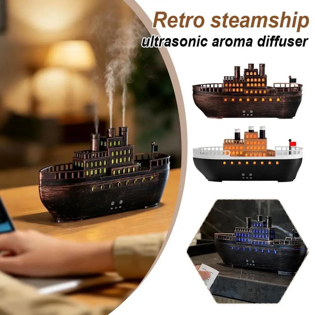 Retro Steamboat Ultrasonic Essential Oil Diffuser Quiet Cool Mist 7 Colors LED Home Office Bedroom Decorative Aroma Diffuser