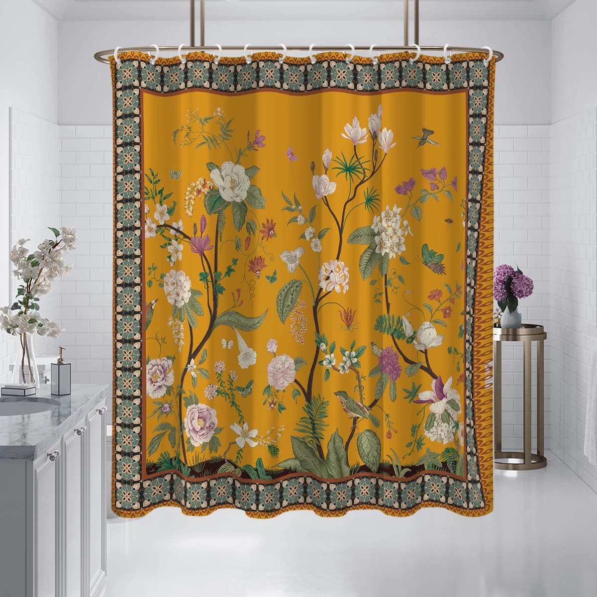 1 pezzo di divisorio per tenda da doccia stampato con motivo floreale retrò giallo 180x180cm, bagno impermeabile e a prova di muffa