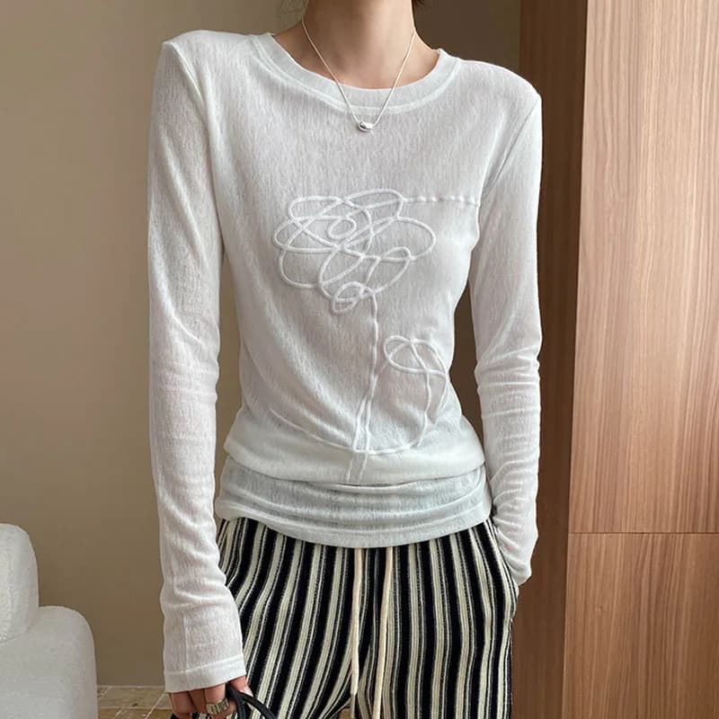 T-shirt da donna con scollo rotondo, motivo stampato tridimensionale, leggermente trasparente, tinta unita, semplice, versatile, a maniche lunghe