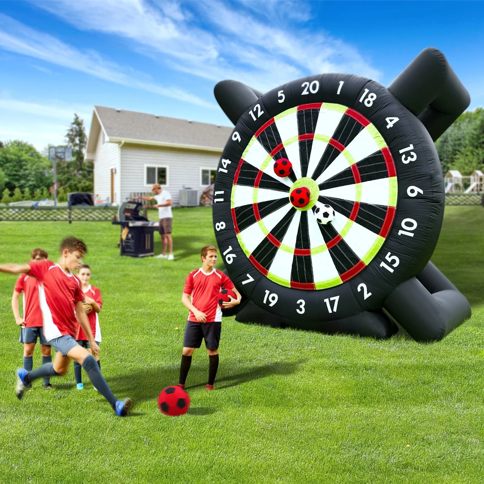 Bersaglio per freccette da golf gonfiabili all'aperto gigante da 10 piedi + 8 palloni da calcio e parco giochi commerciale per calcio con ventilatore