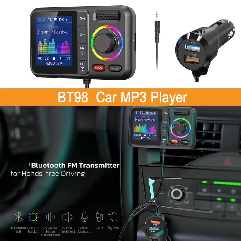 BT98 Lettore MP3 Bluetooth per auto Caricatore per accendisigari Schermo colorato da 1,5 pollici Trasmettitore FM Chiamata in vivavoce Assistente vocale