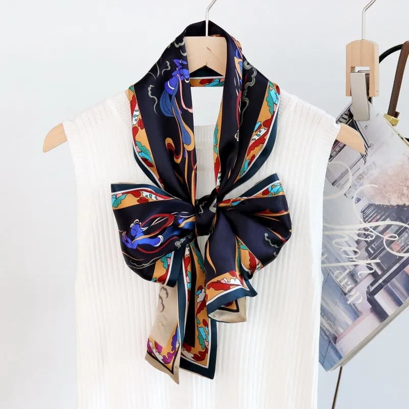 100% Mulberry Silk Luxury Dunhuang Art Print Satin Scarf for Women Soft Silk Feeling Neck Scarf Bandana for Work Casual Outfit