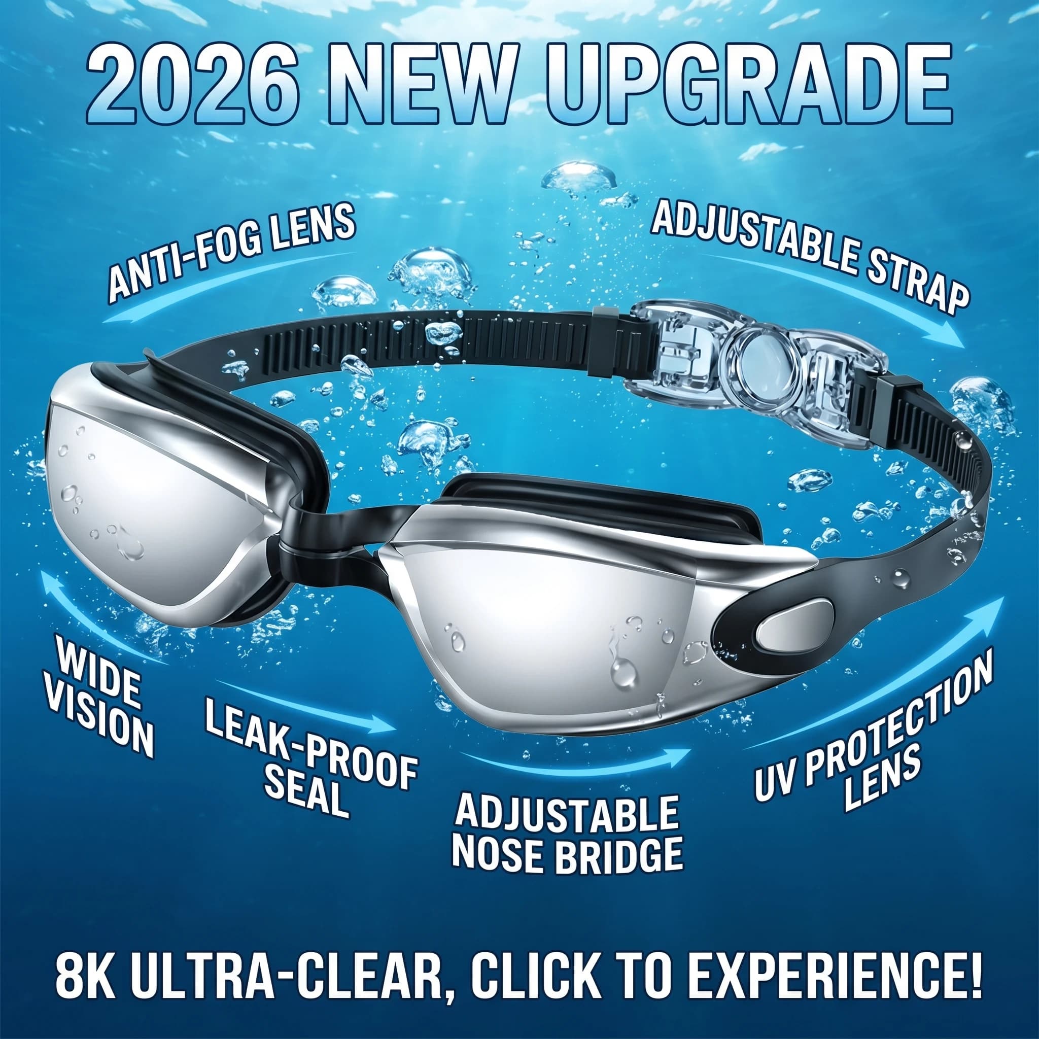 2026 New Upgrade Adult Swim Goggles, UV Block Anti Fog Leakproof Silicone Goggles, 180° Wide View Quick Adjust Strap With 3 Swap