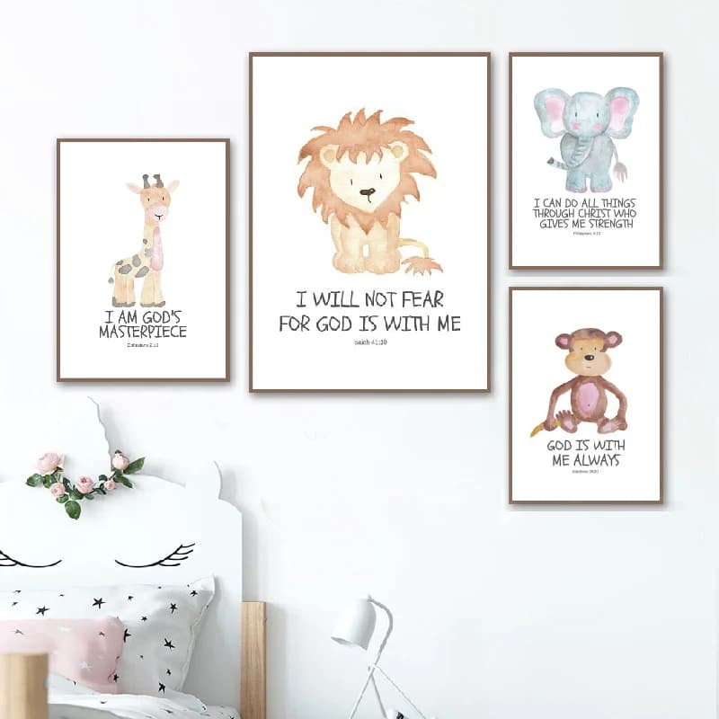 Bible Verse Animal Prints Watercolor Safari Theme Posters Baby Shower Gift Scripture Wall Art Canvas Painting Nursery Wall De