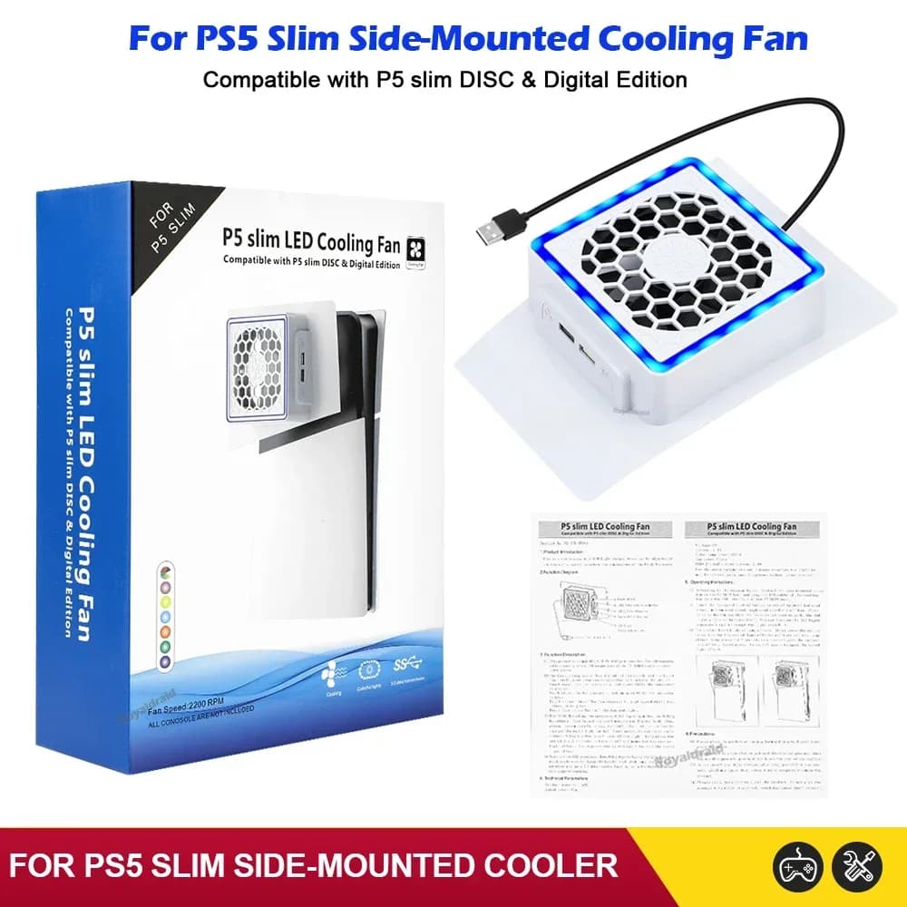 Ventola di raffreddamento laterale con luce LED, 2 porte USB, ventola di raffreddamento per console di gioco, dispositivo di raffreddamento laterale per console di gioco PS5 SLIM, accessori