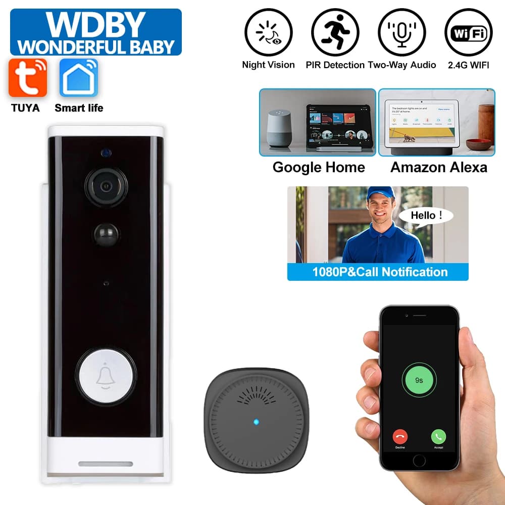 Campanello Video Wireless Tuya Smart 2.4G WiFi 1080P HD 2000mAh con Visione Notturna, Telecamera di Sicurezza per Porta, Citofono Compatibile con Alexa