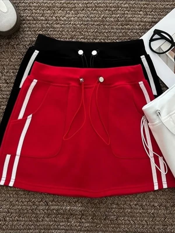 Gonna sportiva casual a righe americane taglie forti da donna, a vita alta, a trapezio, svasata, snellente, a mezza lunghezza