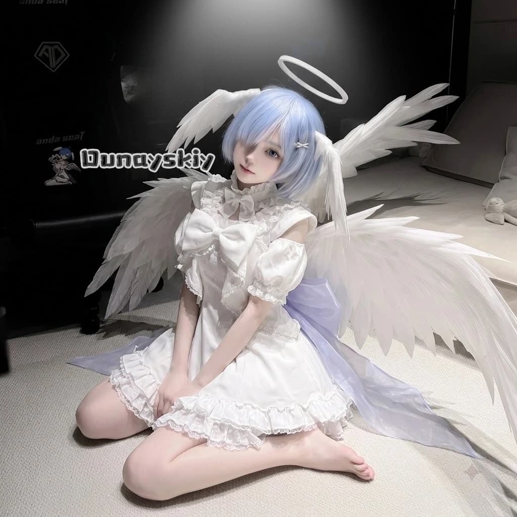 ​​​​Rem Angel Cosplay Costume Wig Uniform Daily Home Pajamas Dress Outfit Halloween Role Play Carnival Party Anime Re Zero
