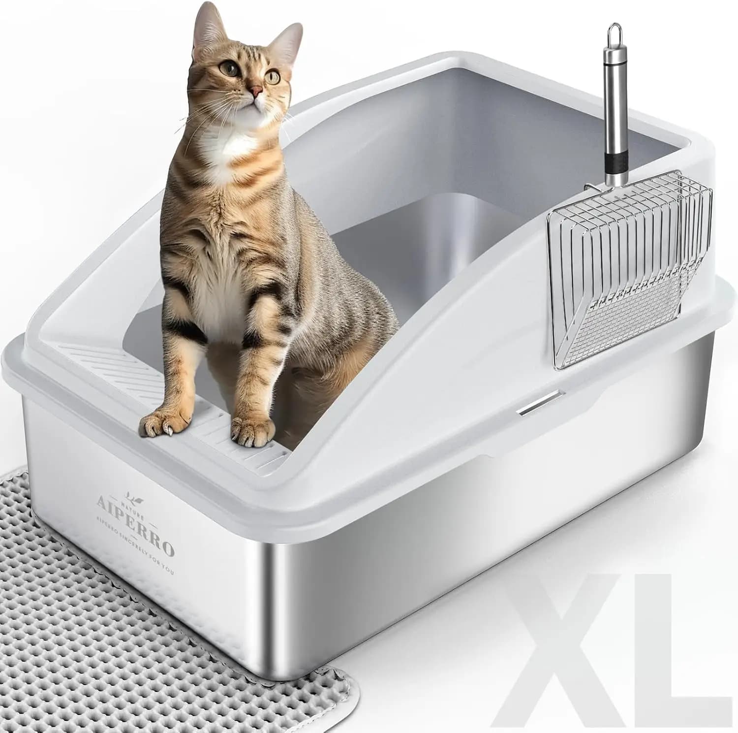 XL Stainless Steel Enclosed Cat Litter Box with Lid, High Sided Anti-Leak, Non-Stick Bottom, Includes Mat & Scoop