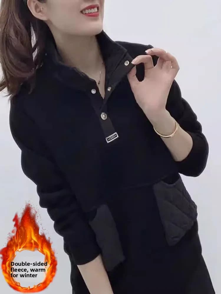 Loose Women's Hoodie Thickened Stand Collar Casual Fashion Splicing Design All Match Autumn Winter New Style Korean Version