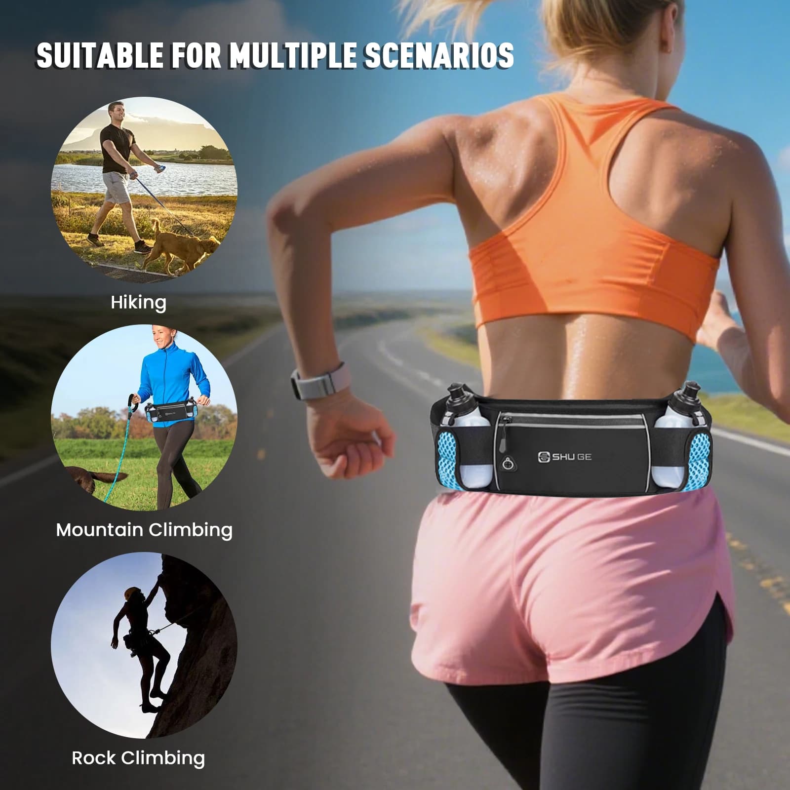 Running Waist Bag with Bottles, Adjustable Waist Strap for Running, Hiking, Cycling