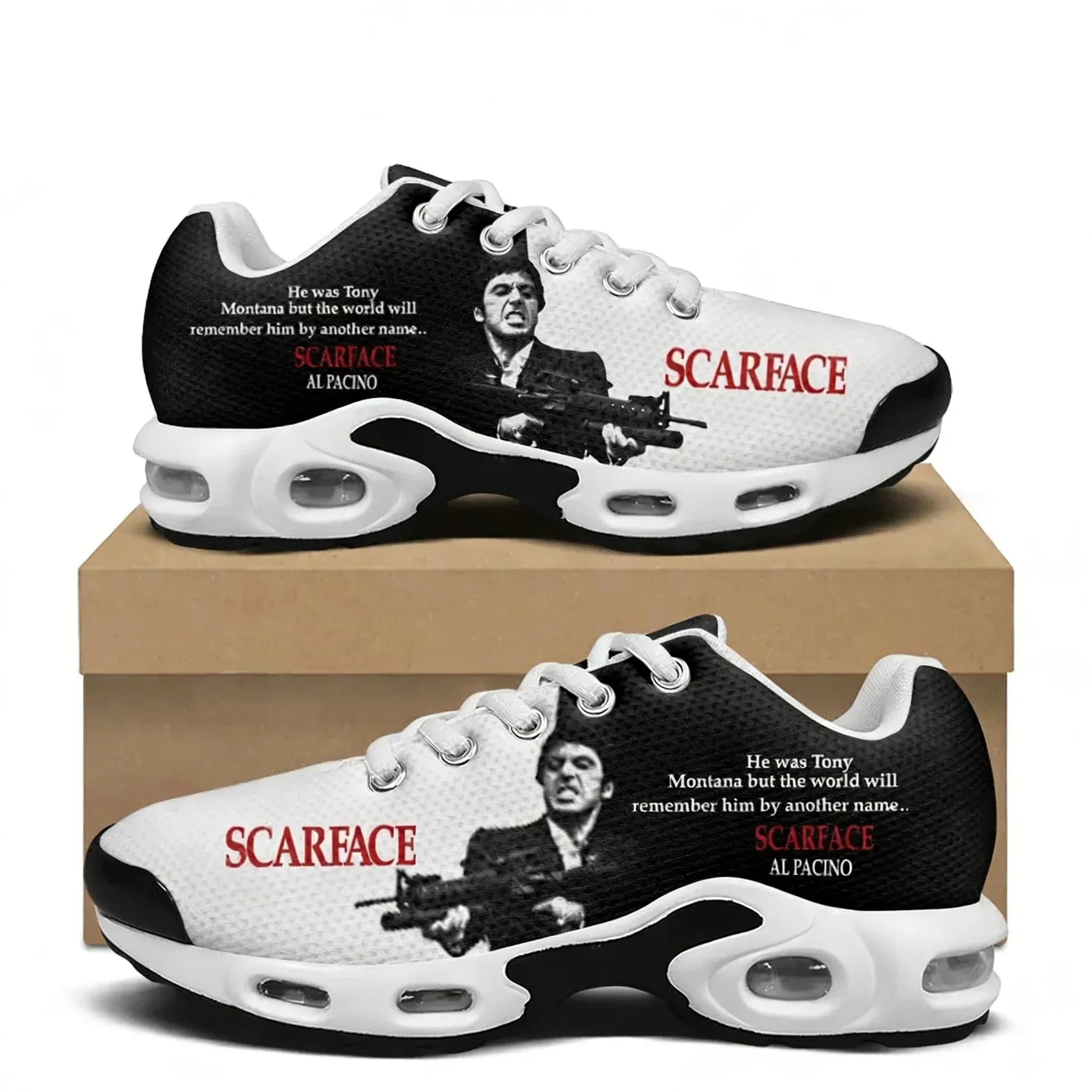 Scarface sneakers with air cushion, inspired by the movie Hot Movie Tony Montana, for men and women, for hiking, running, mountaineering, sports and leisure.
