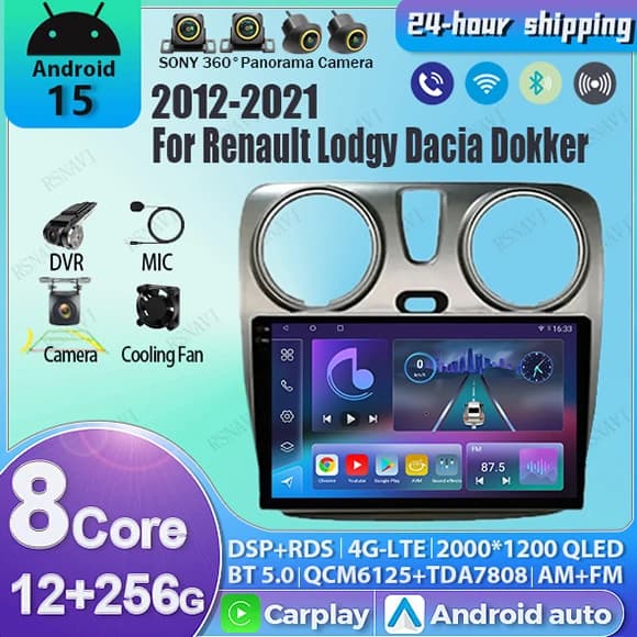 Android 15 For Renault Lodgy 2021 Dokker 2012 2013 - 2020 Car Radio Navigation Multimedia Player GPS WiFi+4G Carplay Auto Video