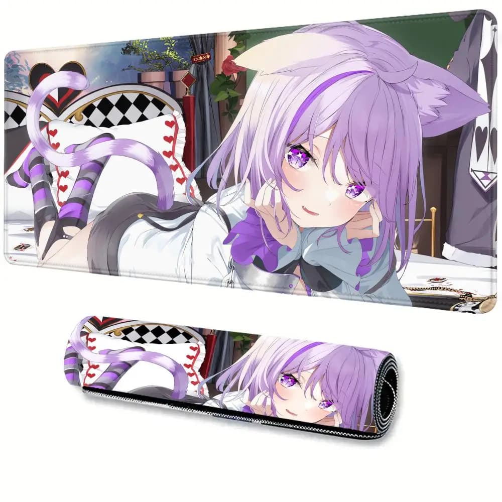 Tappetino per mouse Anime Girl Tappetino da scrivania esteso Accessori da gioco per PC Tappetino per tastiera Hololive Nekomata Okayu Laptop Viola Tappetino per mouse Kawaii