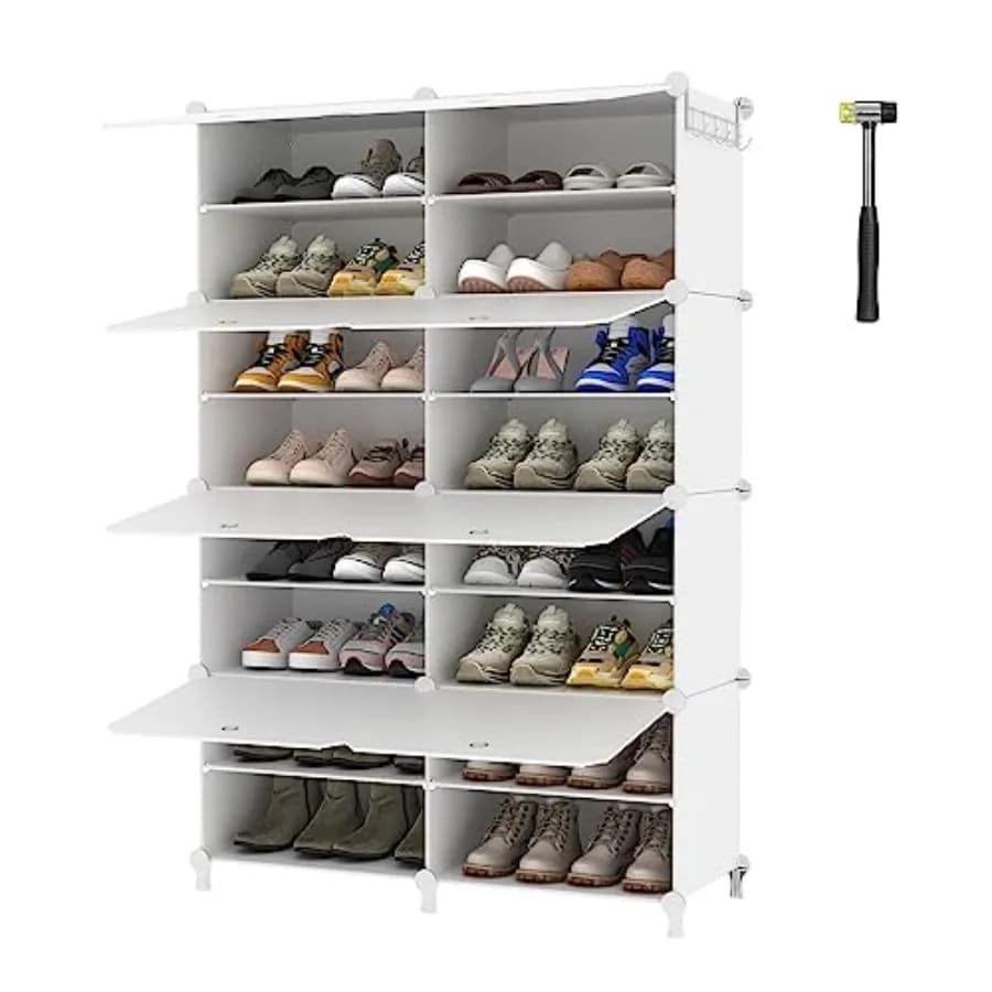 Scarpiera at 8 levels with door, 32 pairs shoe rack, shelves organizer for wardrobe, hallway, bedroom, entrance, white