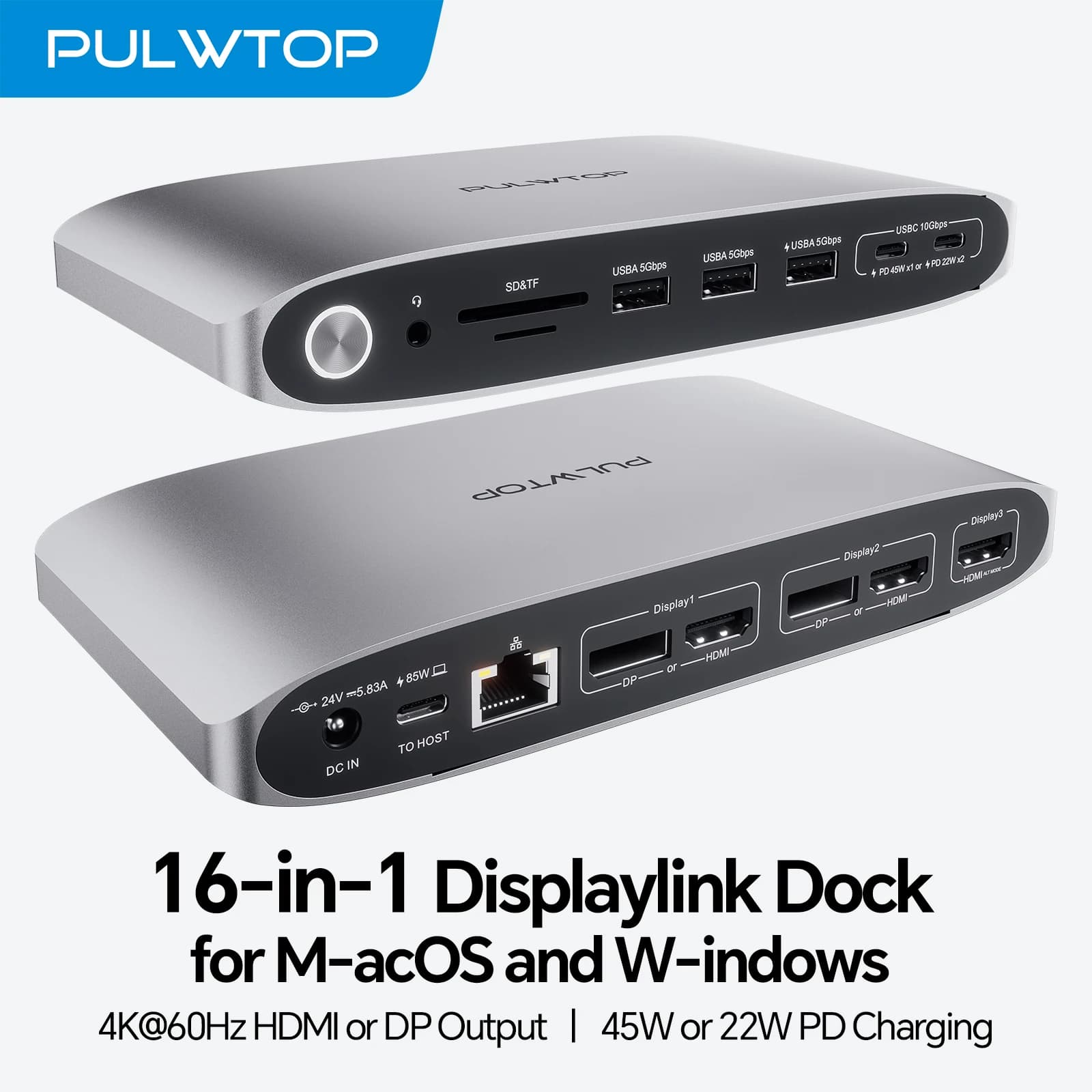 Docking Station PULWTOP DisplayLink con 3 HDMI e 2 DP, 5 porte USB-C/USB-A per la ricarica e il trasferimento dati per Windows/Macbook