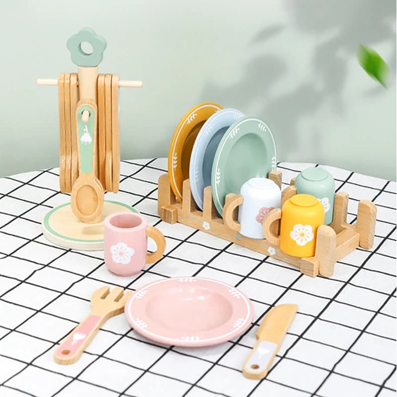 [2 opzioni disponibili] Set da cucina in legno per bambini con set di stoviglie e coltelli - Giocattolo da cucina educativo interattivo