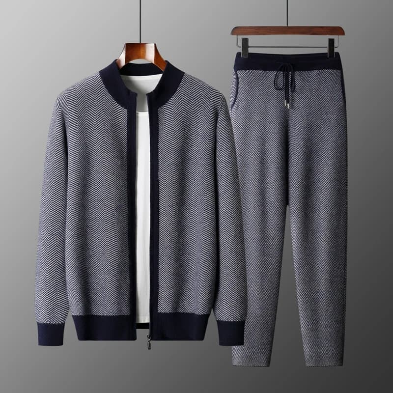 100% Merino Wool Jacquard Set Men's Half High Collar Zipper Knitted Cardigan Casual Small Leggings Autumn/Winter Thick Pants Set