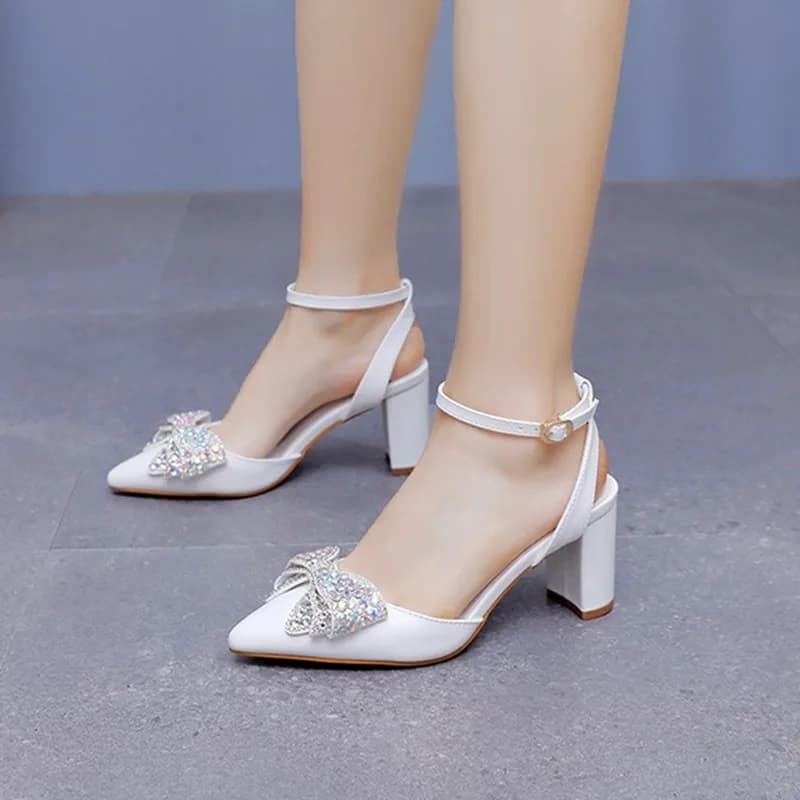 Women's Sandals Summer Fashion 7CM Square Heel Pointed Sandals Colored Rhinestone Bow Buckle Strap High Heel Dress Women Shoes