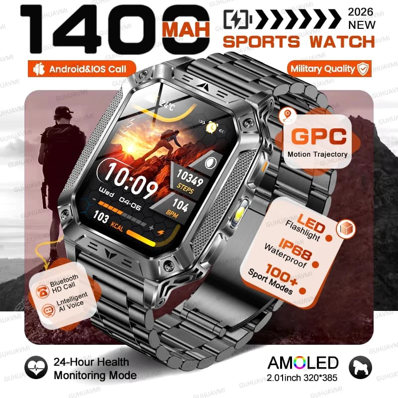 Orologio Smart TANK Militare con Batteria da 1400mAh, Tracker per Sport all'Aperto, Impermeabile IP68, Torcia LED, Allarme SOS, Orologio con Cardiofrequenzimetro
